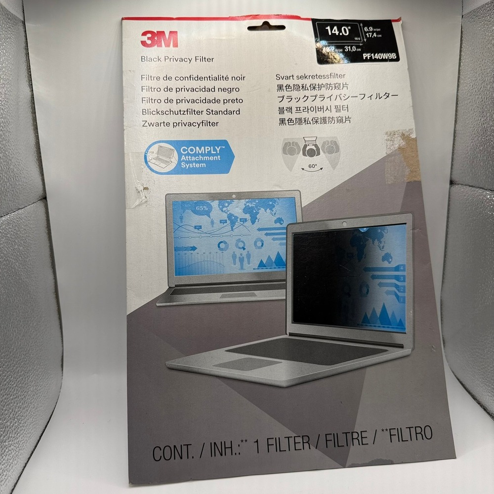 3M Black Privacy Filter 14in Widescreen 16:9 Laptop Screen Protector PF140W9B